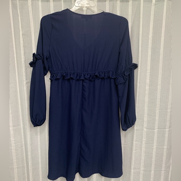 Suzanne Betro Dress w/ Ruffle Trim Long Sleeves Navy Blue Size‎ S - Picture 4 of 6